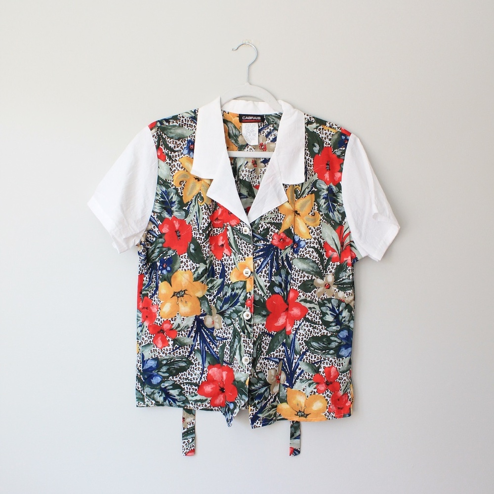 80s Floral Leopard Print Blouse, Size 12